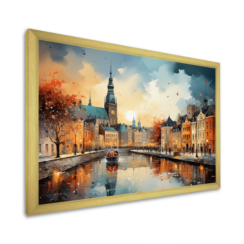 Danemark, paysage urbain symphonie II sur toile, Encadrement doré, H 30 po x l 40 po x P 1,5 po