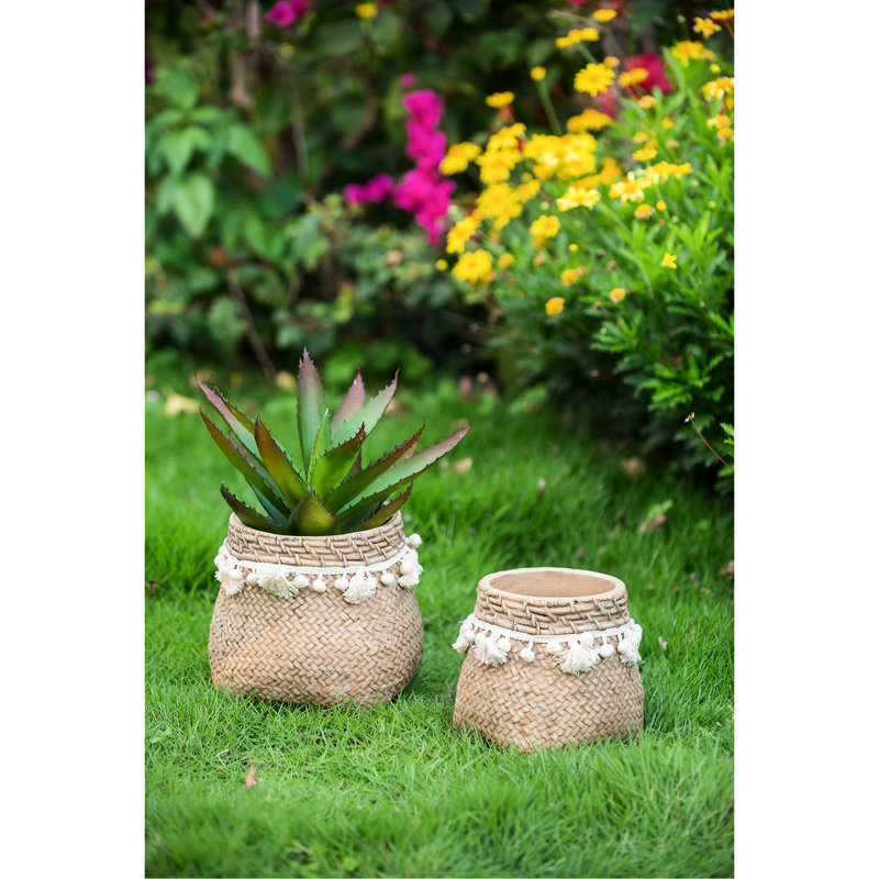 6,5 x 6,5 x 6 pouces pots de fleurs en ciment brun avec pampille tissée, de 2, glands crème décalés bruns, jardinières avec espaces complémentaires