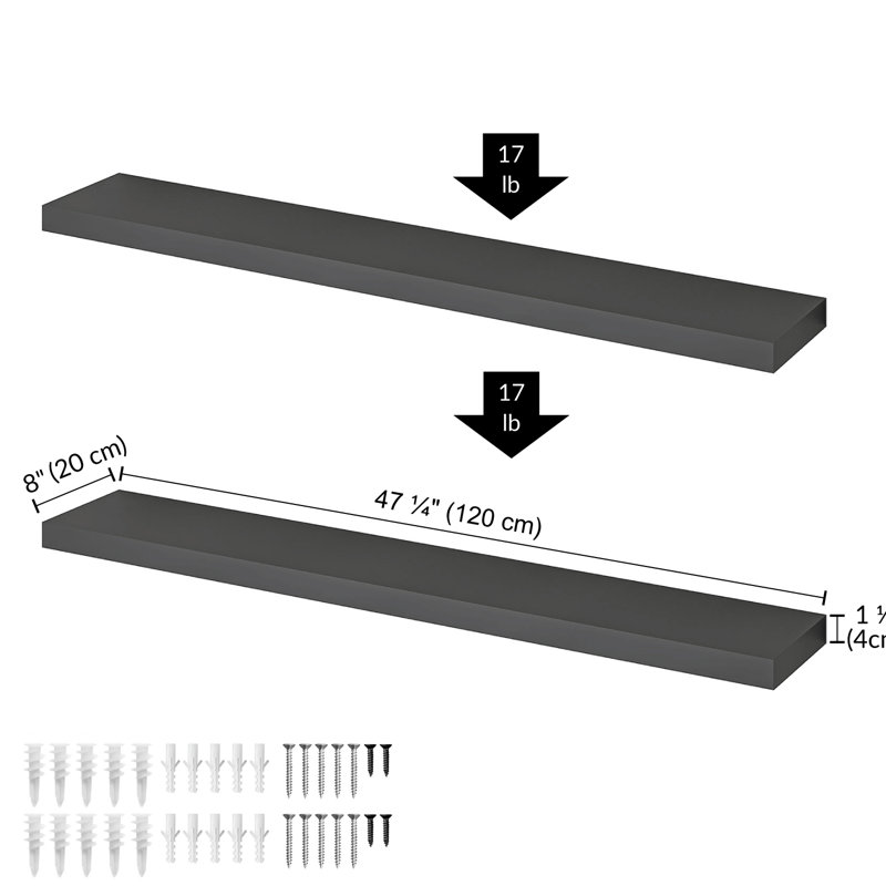 Black Veneered Wood Floating Shelves with Invisible Brackets, Set of 2