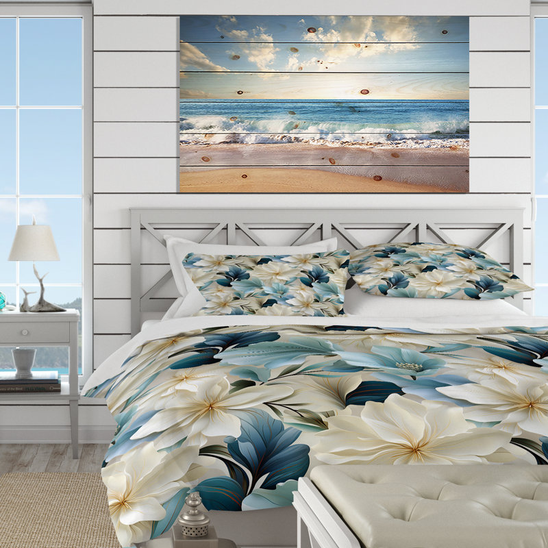 Coastal Symphony Tropical Pattern - Beige Tropical - Bed Cover Set With Shams, Queen Duvet Cover + 2 Standard Shams
