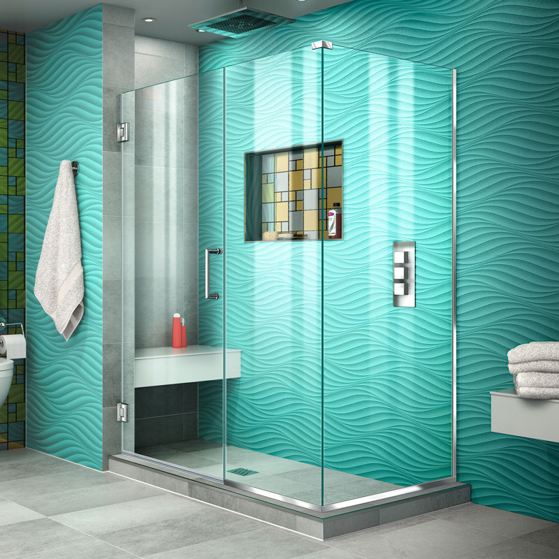 Unidoor Plus 52" W x 34.375" D x 72" H Frameless Pivot Rectangle Shower Enclosure with Fixed Panel, Chrome