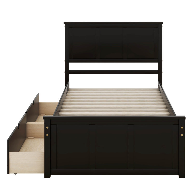 Lit plateforme avec rangement, 2 tiroirs avec roulettes, structure simple, Espresso
