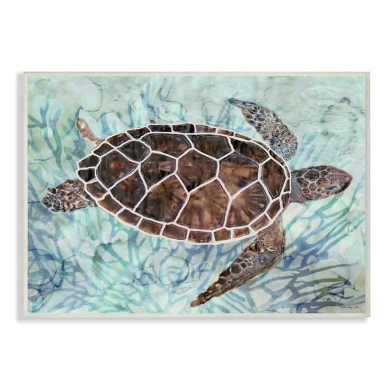 Tortue de mer complexe abstrait bleu corail - impression d'art graphique, Cadre noir, H 30 po x l 24 po x 1,5 po