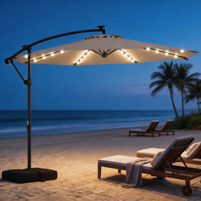 Parasol de patio en porte-à-faux décalé de 10 pi avec base, 32 lumières DEL, rotation à 360 ° et manivelle; pour piscines, terrasses, jardins et arrière-cours, taupe