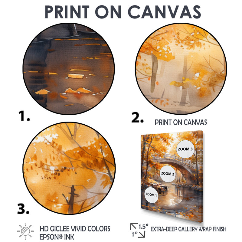 Décoration murale jaune et beige, automne, rivière de beauté IV - Ponts, H 40 po x l 30 po x P 1,5 po, Cadre flottant noir
