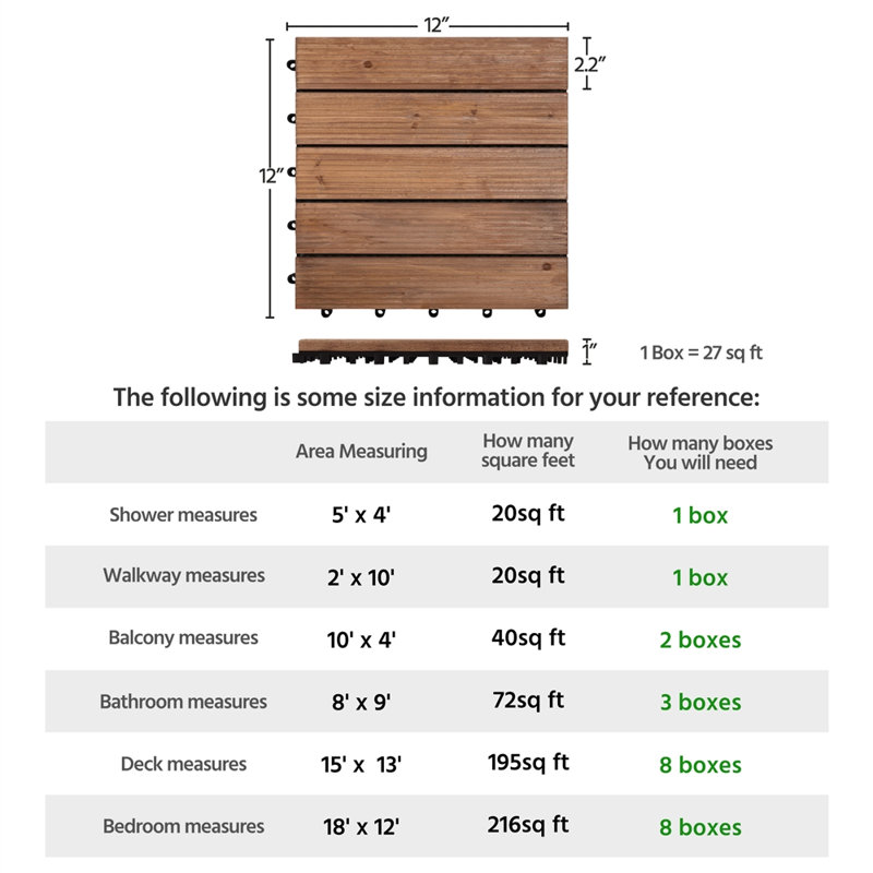 12" x 12" Solid Wood Interlocking Deck Tile, Brown