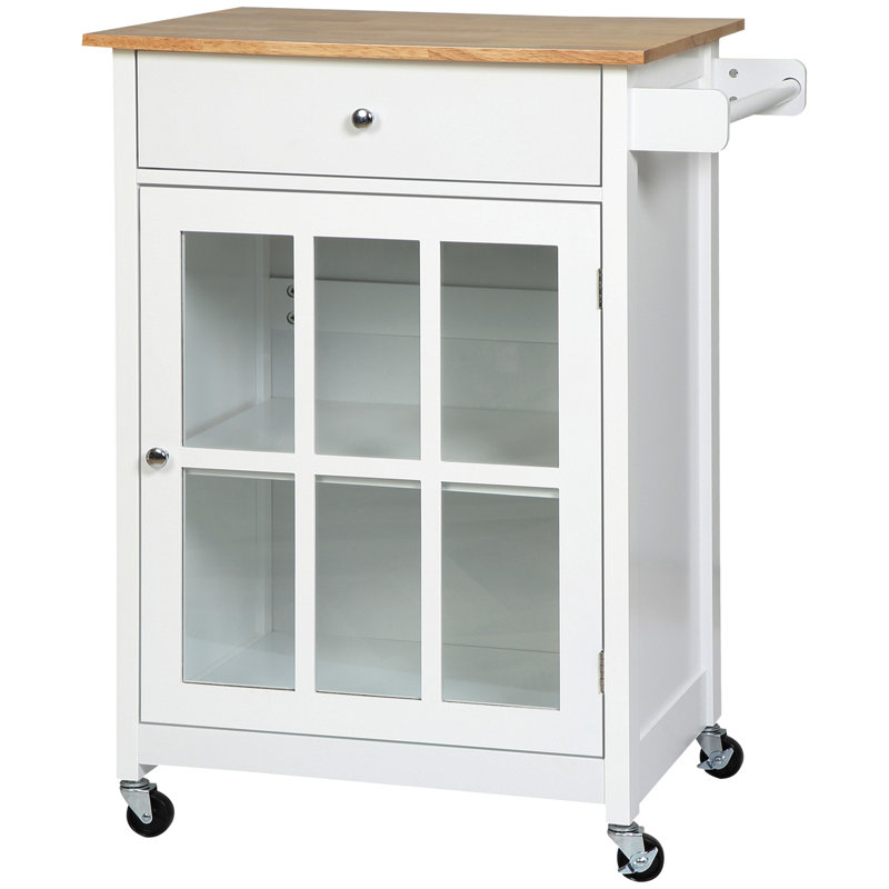 27" Kitchen Cart With Drawer - White. Glass Door Cabinet & Towel Rack. Adjustable Shelf. Rubber Wood Top. 4 For Mobility. 26.5" W X 19" D 34" H. 110 Lbs Capacity Island On Wheels Drawer, Workspace.