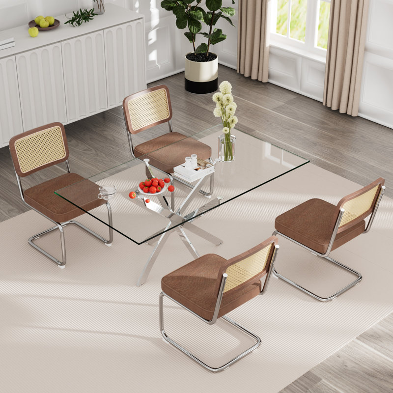 Ensemble de table rectangulaire en verre trempé, 5, Café / Argent