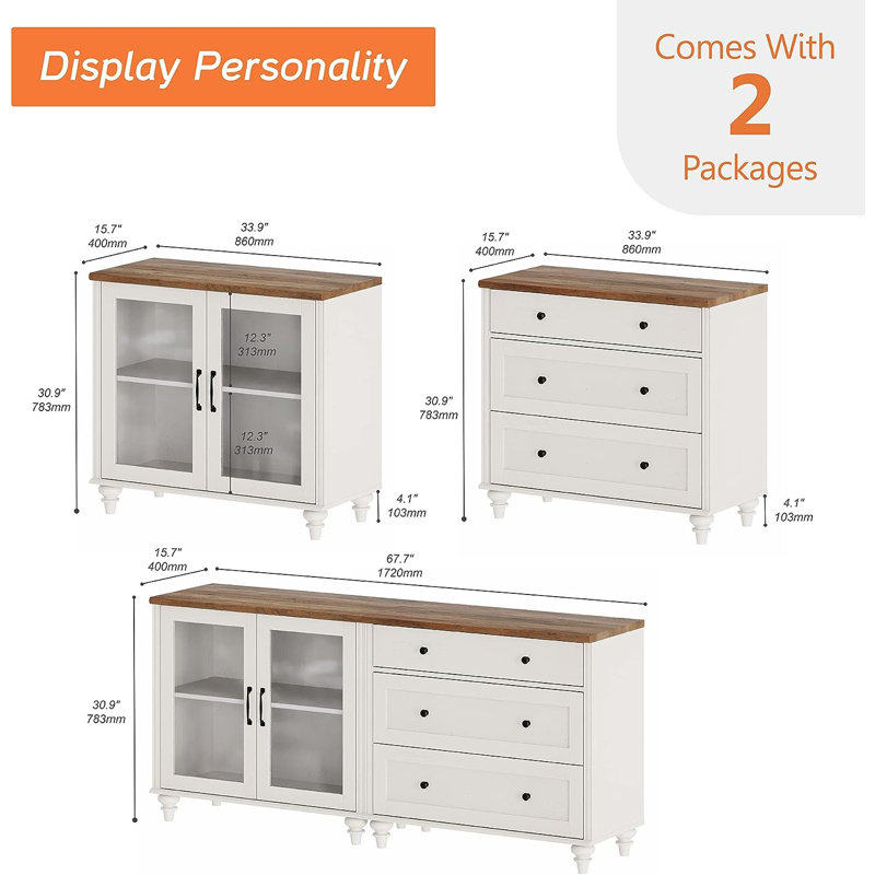 Commode moderne à 3 tiroirs avec armoire de rangement en verre | Blanc rusique | Organisateur de chambre à coucher et de chambre de bébé