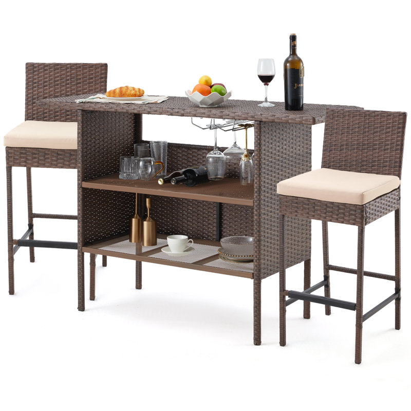 3-Piece Patio Bar Set With Wicker Bar Chairs & Outdoor Bar Table, Brown