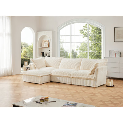 Canapé modulaire en L à housse avec housse en L, canapé à siège profond confortable avec repose-pieds convertible et 2 grands coussins, ensemble de canapé moderne surdimensionné à 3 places pour bureau de salon, velours côtelé crème