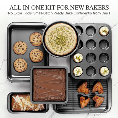 Baking Pans Sets, Nonstick Bakeware Sets 19-Piece with Round/Square Cake Pan, Loaf Pan, Muffin Pan, Cookie Sheet, Roast Pan, Cooling Rack, Carbon Steel Bake Set (Gray)