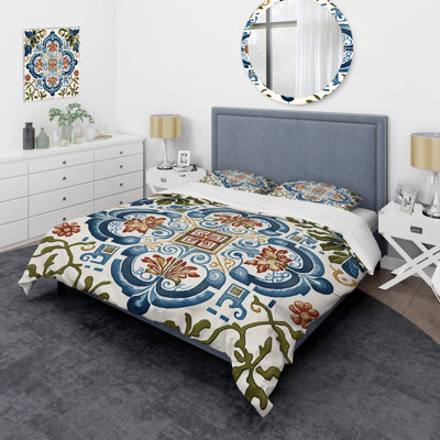 Ensemble de housse de couette en tuiles méditerranéennes en bleu rétro / microfibre / polyester