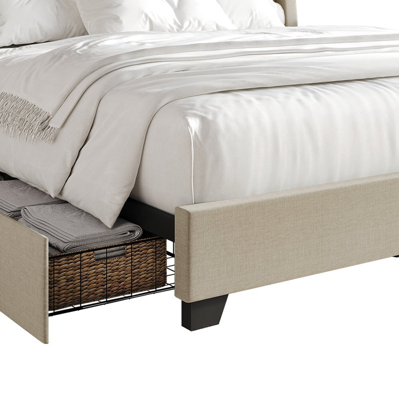 Nikrae Upholstered Wingback Storage Bed, KIng, Beige