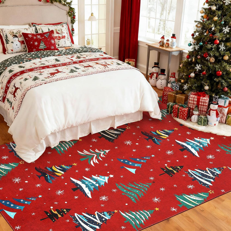 Christmas Tree Non-Slip Washable Low Pile Area Rug, Holiday Decor Living Room Rug, Red Xmas Design, Rectangle 9' x 12'