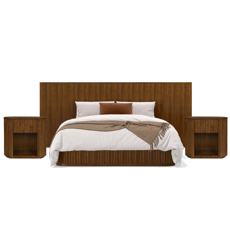 Ensemble de chambre à coucher en bois massif cannelé 3 pièces Ellison, Trois pièces : lit et deux tables de chevet