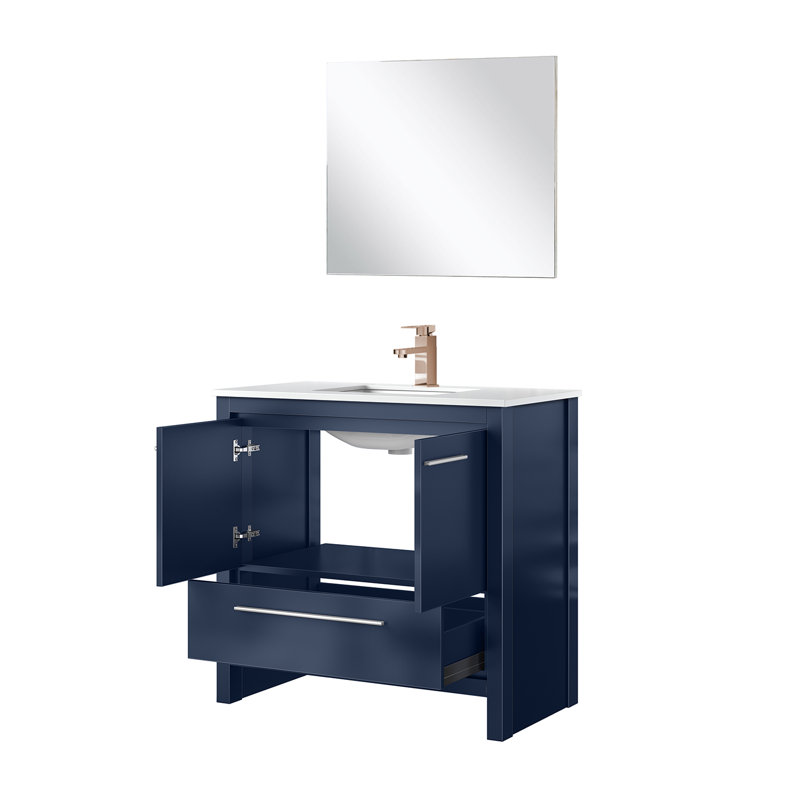 Lafarre 36" W x 20" D Single Vanity, 28" Mirror & Faucet, Navy Blue, White Cultured Marble