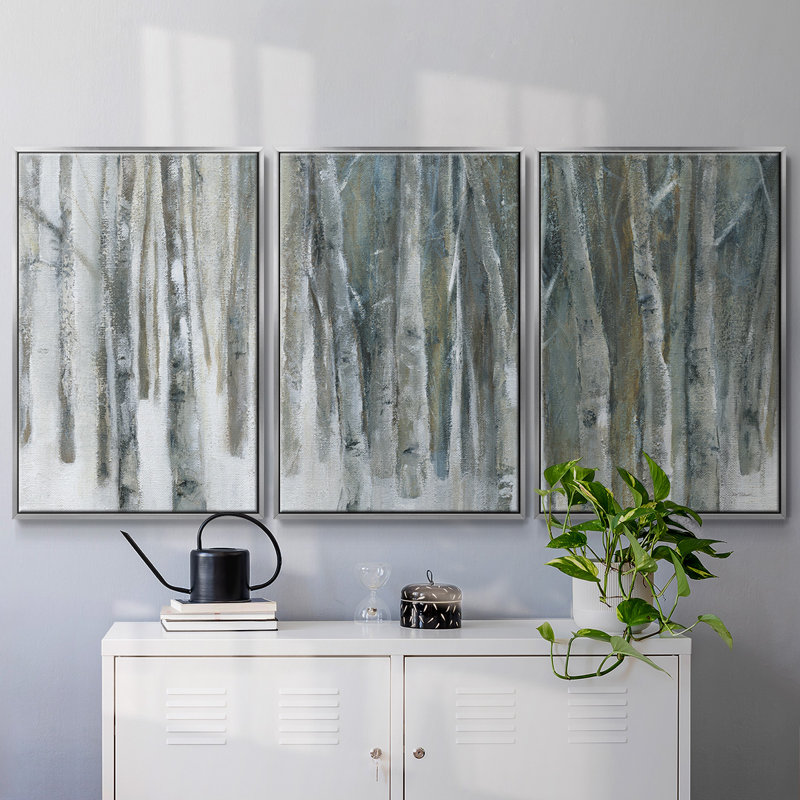 «Banff Birch Grove», peinture sur toile 3 pièces, Encadrement argenté, H 36 po x l 75 po