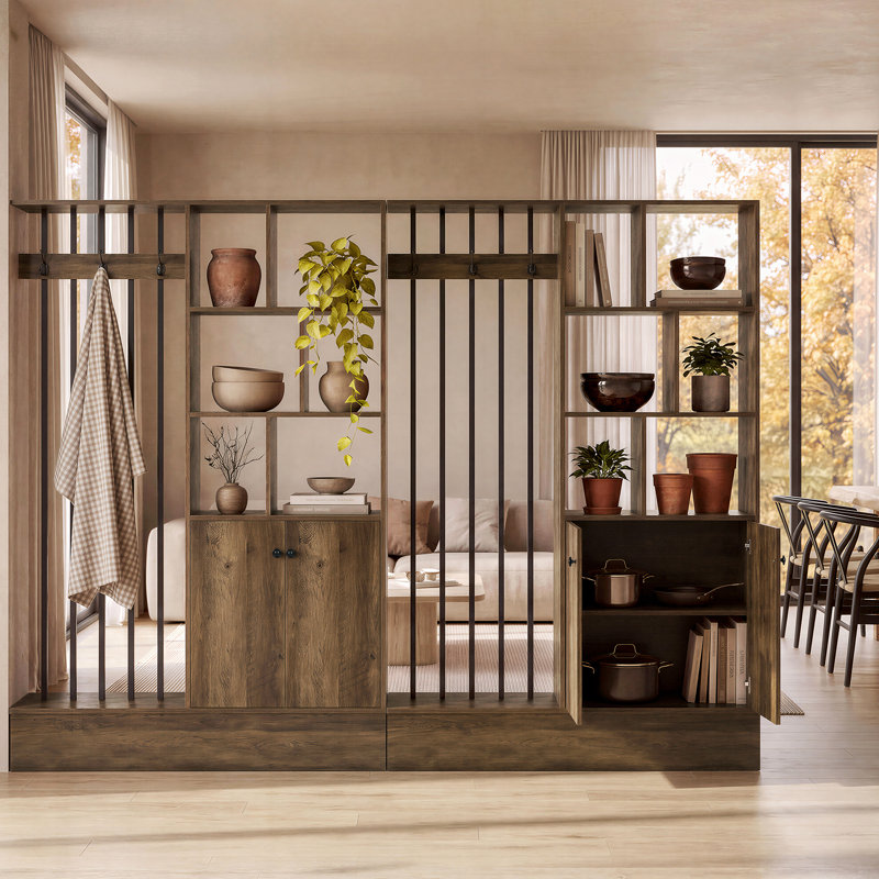 Cloison de séparation autoportante en bois brun de 180 cm (70,9 po) avec 5 étagères, armoire de rangement et porte-manteau.