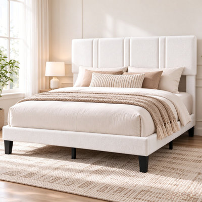 Boucle Upholstered Platform Bed Frame with Padded Headboard & Wood Slats | 800 lb Support & No Box Spring Needed for Bedroom