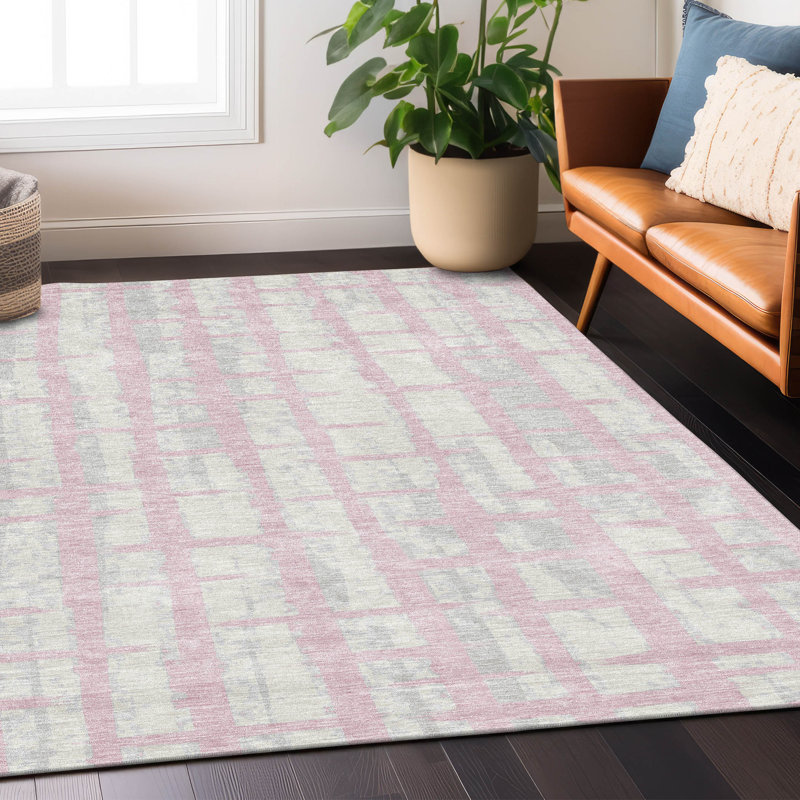 Tapis intérieur / extérieur en polyester tissé à la machine à motif abstrait mâle rose Pinkk, Rectangulaire 3 pi x 5 pi