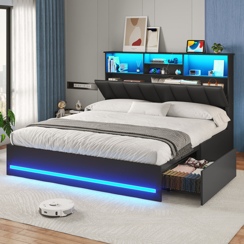 Queen Bed Frame with Bookcase Headboard, Wooden Bed Frame Queen Size with Charging Station, 4 Storage Drawers and LED Lights, with Type-C and USB, No Box Spring Needed, Black