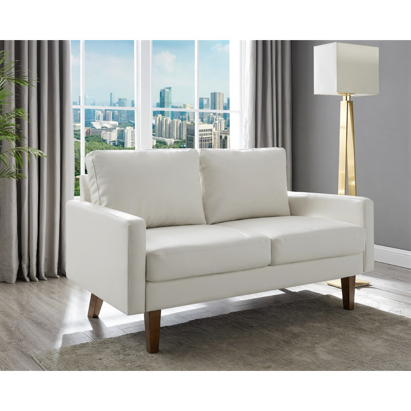 Qulllon 57.9'' Faux Leather Loveseat, Cream Faux Leather