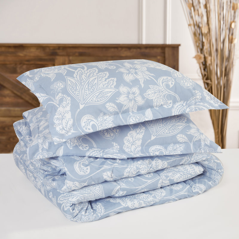 Ensemble d'édredon 3 pièces à motif cachemire floral gris et bleu Chanasya, Édredon pour grand lit + 2 taies décoratives