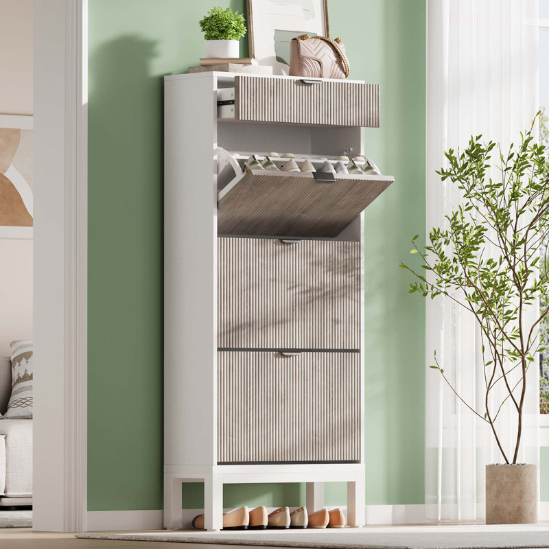 Shoe Storage Cabinet With 3 Flip Drawers & Large Drawer, Farmhouse Fluted Shoe Organizer With Metal Legs, Gray