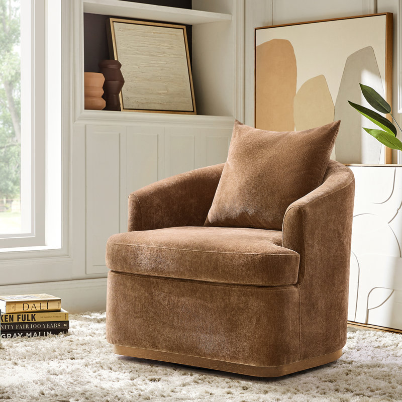 Berklie 31"W Modern Chenille Swivel Armchair with Ergonomic Backrest and Solid Wood Legs, Caramel