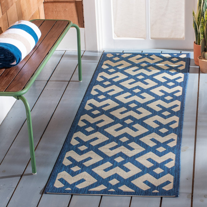 Arneshia Geometric Navy/Beige Indoor/Outdoor Area Rug, Runner 2'3" x 6'7"