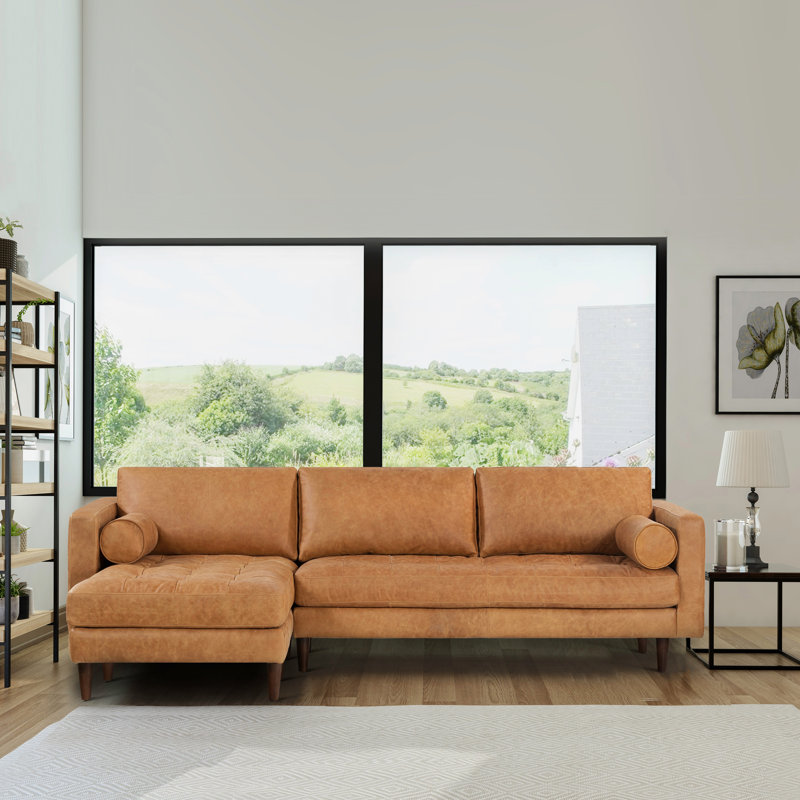 Napa Full-Grain Genuine Italian Leather Sectional, Left Hand Facing, Cognac Tan Genuine Leather