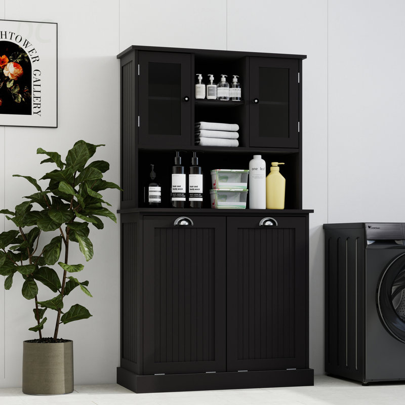 Armoire de salle de bain inclinable à deux compartiments avec panier à linge haut et 2 tablettes réglables - noir, buffet
