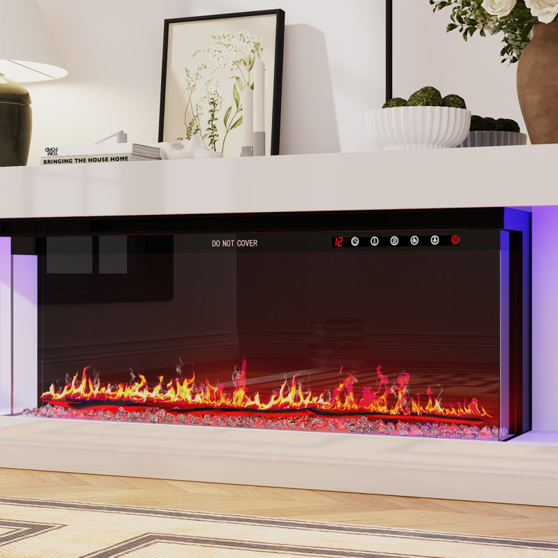 130”W TV Stand Entertainment Center With Fireplace, White