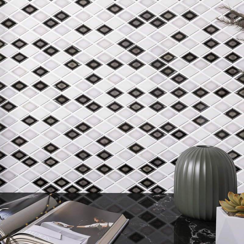 Handmade 11.82 in. x 11.93 in. Geometric Glossy Porcelain Mosaic Wall and Floor Tile, Black/Gray