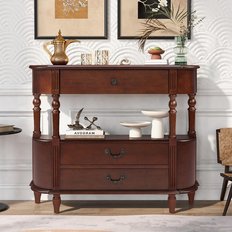 Solid Wood Half Moon Console Table with Drawers, 43 Inch Curved Retro Sofa Table for Entryway, Made of Pine with Roman Legs and Cherry Finish