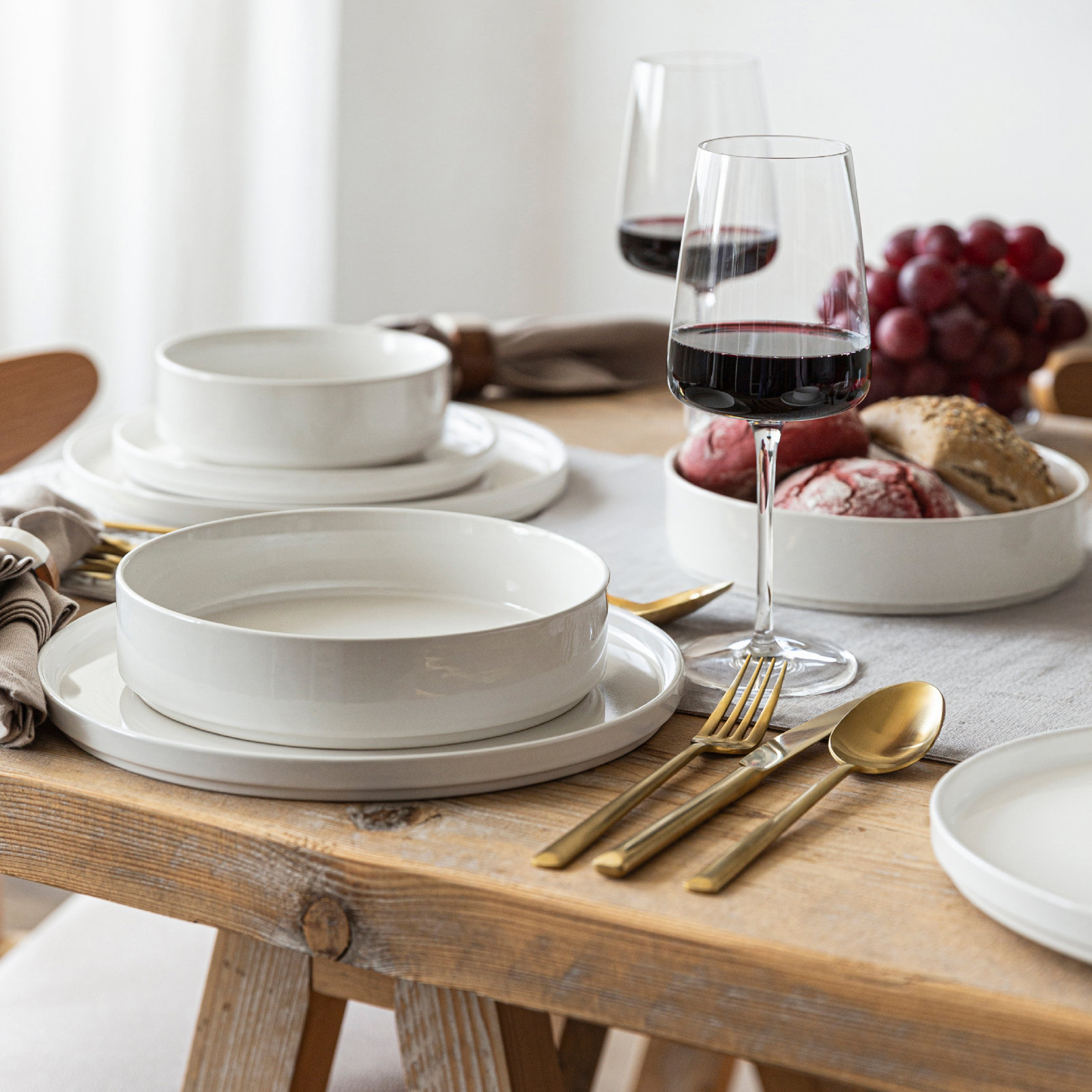 Stackable Stoneware Dinnerware Set, Glossy White