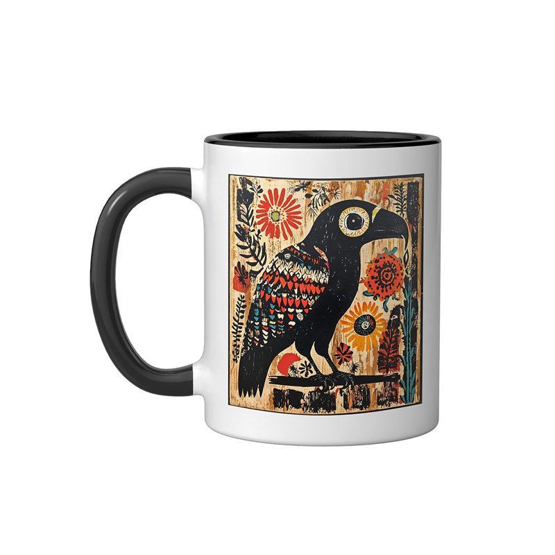 Raven With Flowers Ceramic Mug, Black/White, 11oz