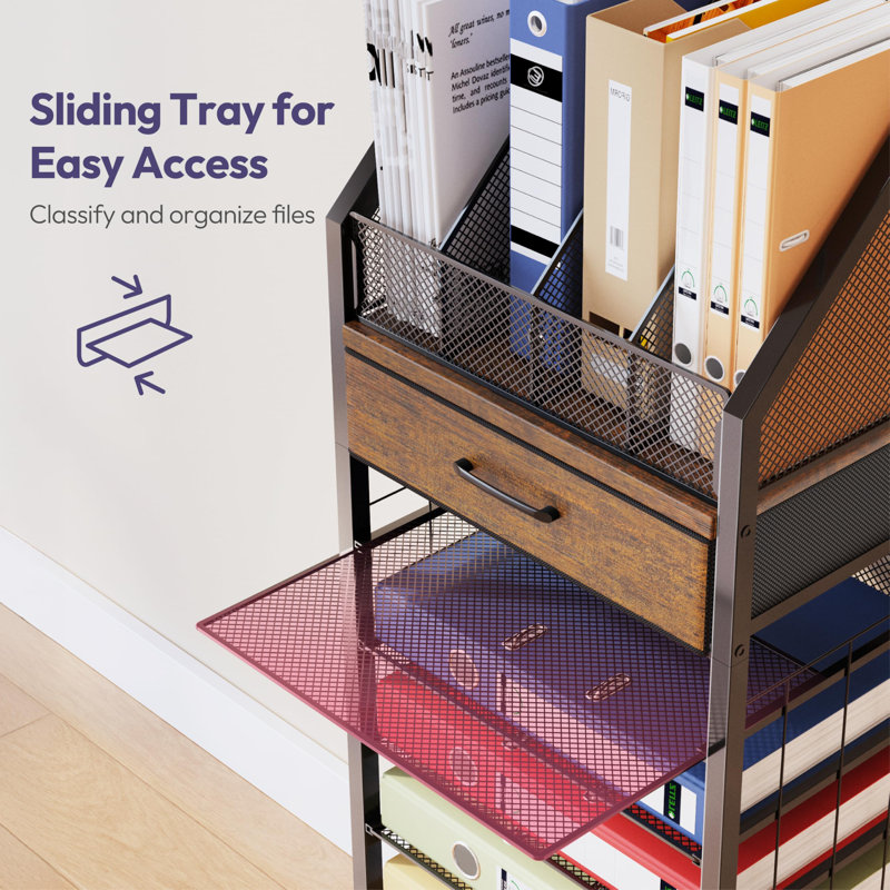 9-Tier Rolling File Organizer With Upright Trays & Drawer - Modern Office Paper Storage Cart With Mesh Shelves