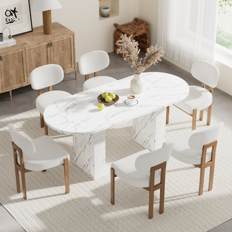 Oval Double Pedestal Kitchen Table Sets, 7 Pieces: Table, 6 Chairs, Beige