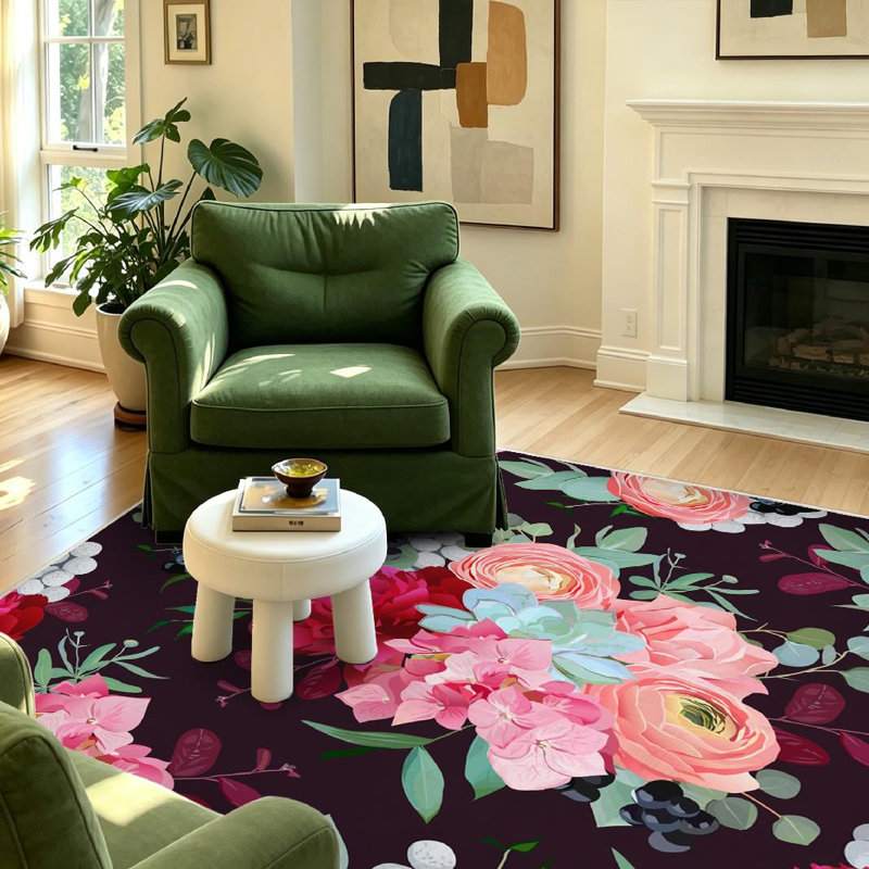 Tapis d'intérieur transparent, lavable à la machine, motif bouquets de pivoines hivernales., Rectangle 55 po x 79 po