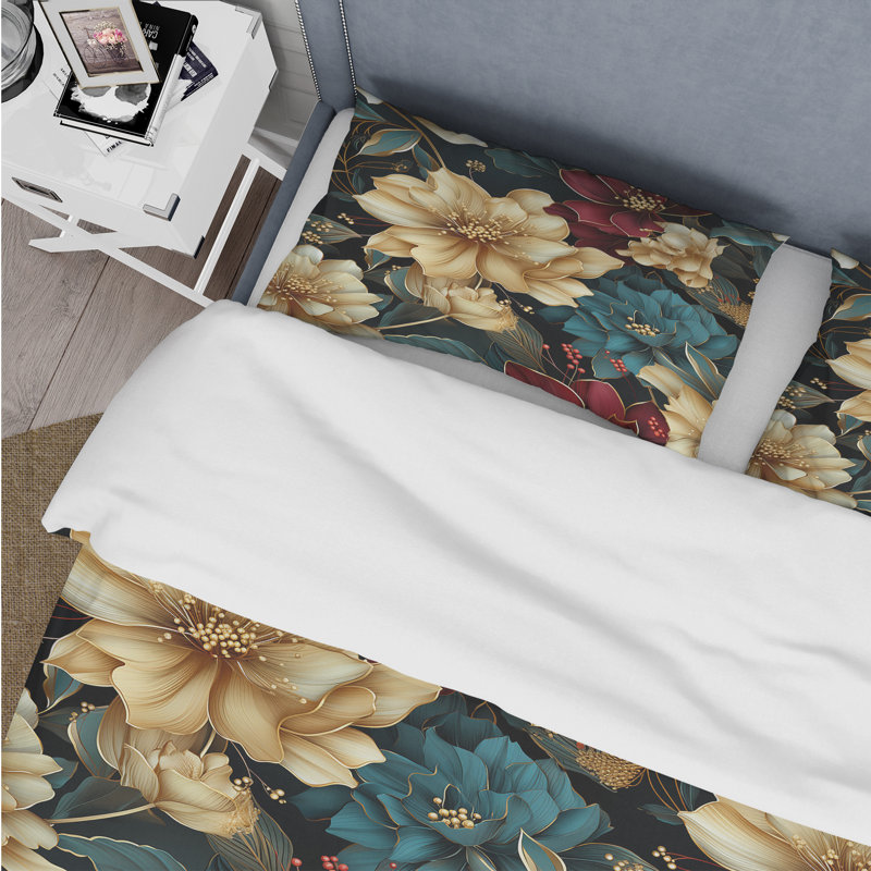 Ensemble de housse de couette à motif de coquelicots riches beige et rouge, Housse de couette pour très grand lit et 2 très