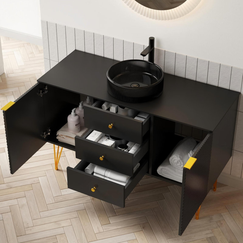 Meuble-lavabo 48 po avec lavabo rond en verre noir transparent