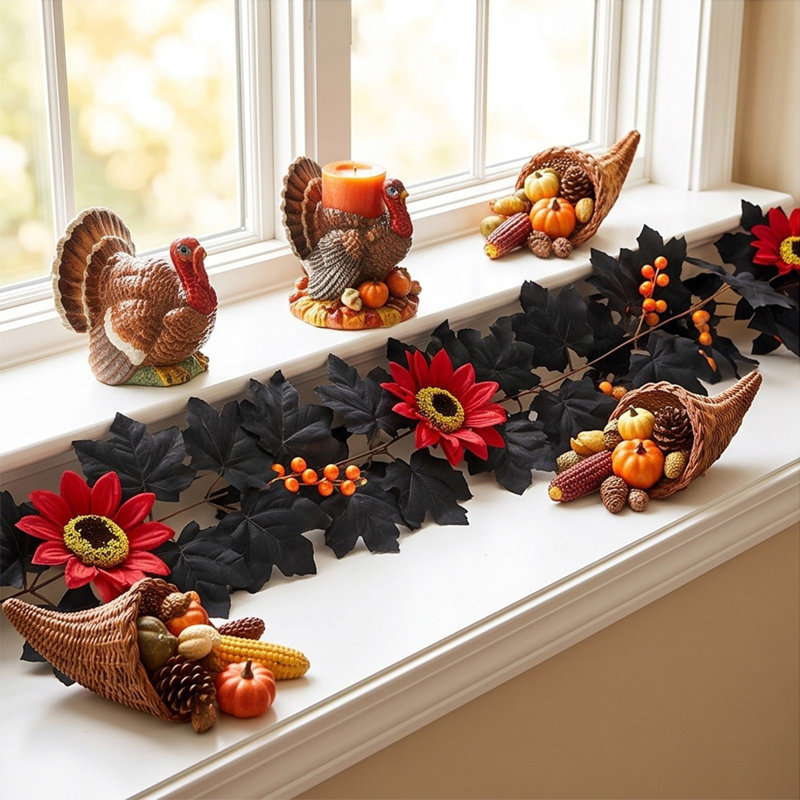 Guirlande de feuilles d'érable artificielles avec tournesols, citrouilles et baies, idéale pour décorer une cheminée, une porte, un mur ou un porche à l'occasion de Thanksgiving.