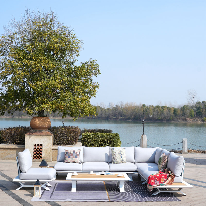 Lois Teak 7 - Person Patio Conversation Set with Cushions, Beige, White