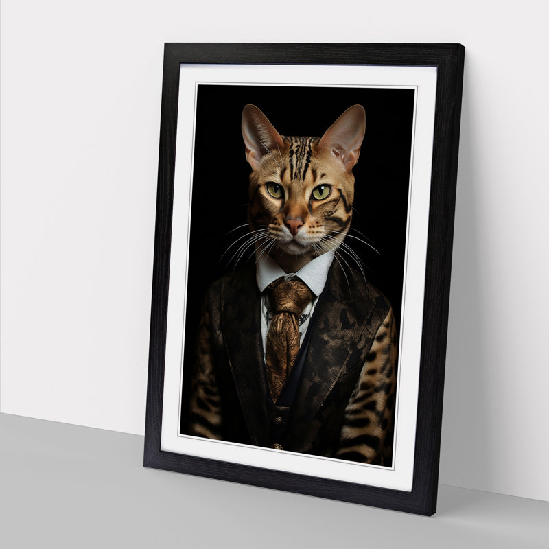 Bengal Cat in a Suit Painting - Framed Print, 46cm H x 34cm W x 2cm D, Black