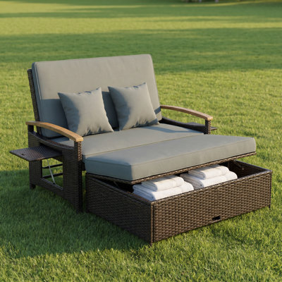 Outdoor Patio Sofa Bed - 4-in-1 Convertible Daybed with Adjustable Backrest & Storage Ottoman