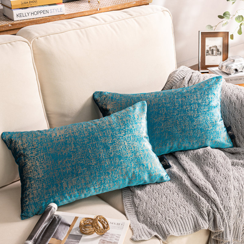 Bronzing Velvet RY Collection Polyester Throw Pillow Cover & Insert, Rectangle 12" H x 20" W , Turquoise