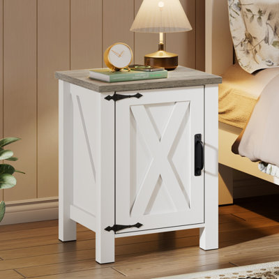 Adaija 18" W Nightstand with Charging, Farmhouse End Table with Barn Door and 3-Level Shelf Storage, Rustic Side Table with AC & USB Power Outlets for Bedroom and Living Room