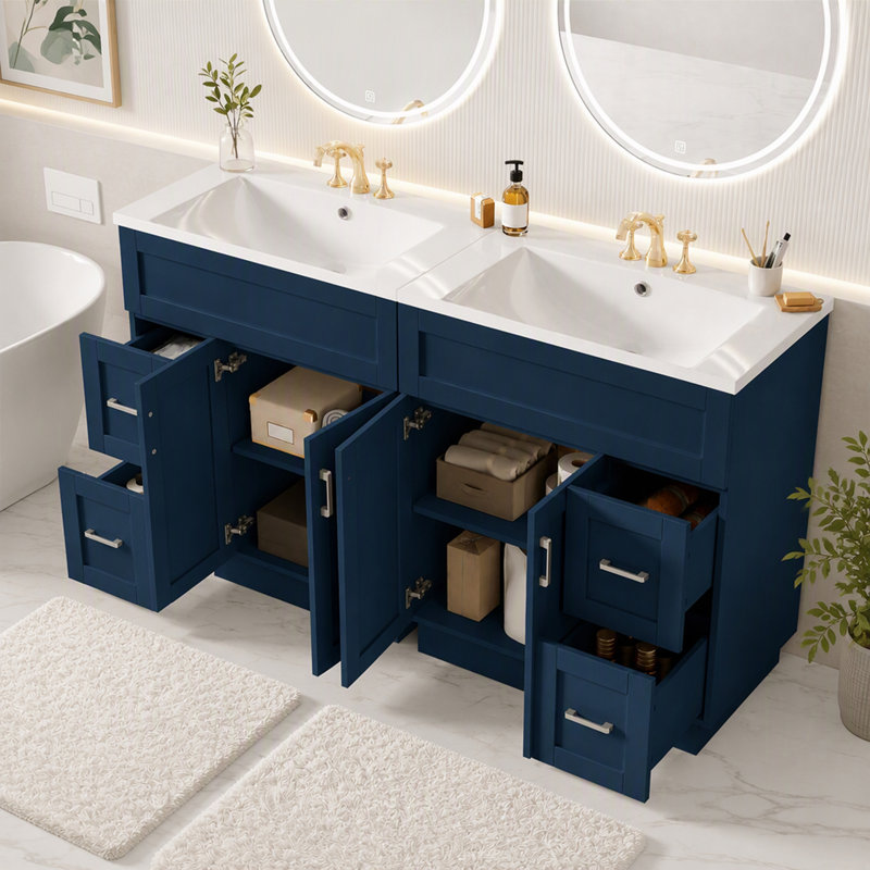 Ensemble de meuble-lavabo avec tiroirs et tablettes réglables et lavabos (comprend 2 meubles-lavabos), Bleu et argent